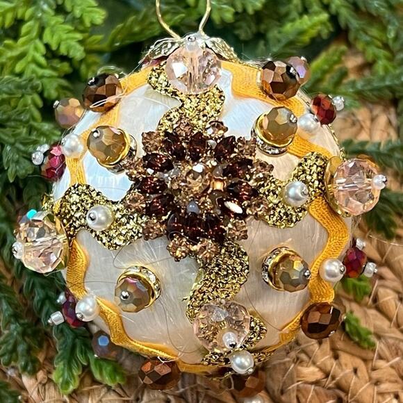 Beaded Push Pin Satin Thread Ball Christmas Ornament Mid Century Vintage Style - Picture 1 of 8